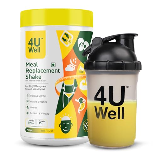 4UWell Meal Replacement Shake for Weight Management & Control | Mango Flavour with Free Shaker | 18 Vitamins & Minerals | Boosts Energy & Metabolism - 500g
