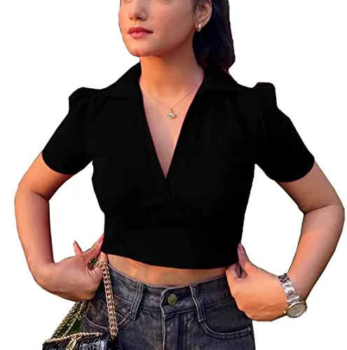 Aahwan Cotton Black Solid Basic V Neck Collared Puff Sleeves Ribbed Slim Fit Crop Top For Women's & Girls' (190-Black-L)