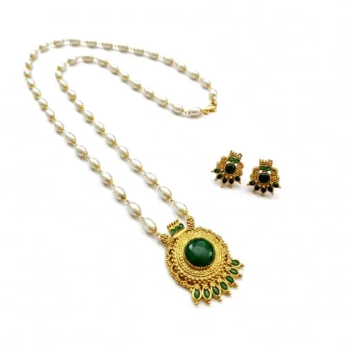 AAIKU Traditional 32 Inch Long Gold-Plated Pearl Necklace Set with Earrings, Wedding Jewellery Set for Women and Girl | Brass Metal Stylish Jwelery | Artificial Jwellery (Green)