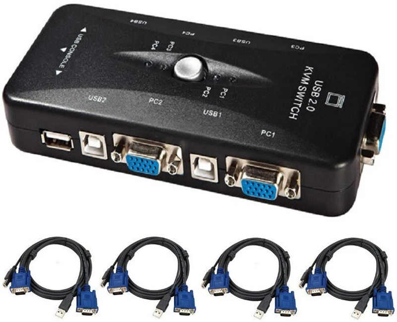ANDTRONICS 4 Port USB 2.0 KVM Switch Box With 4 KVM Cables to Control up to 4 Computers for Computer Sharing Video Mouse Keyboard Monitor Media Streaming Device(Black)
