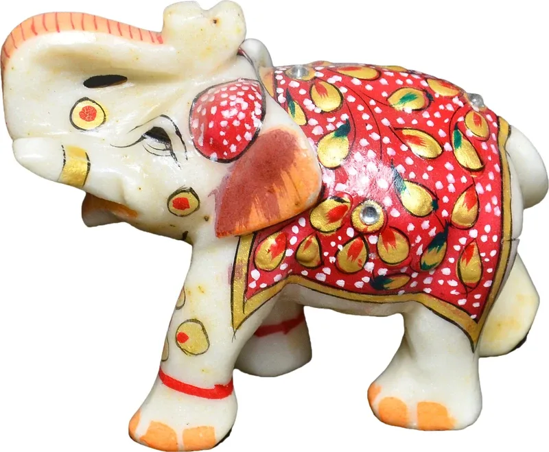 Artist Haat Marble Elephant Sculpture With Carving and Painting Decorative Showpiece - 8 cm(Stoneware, Red)