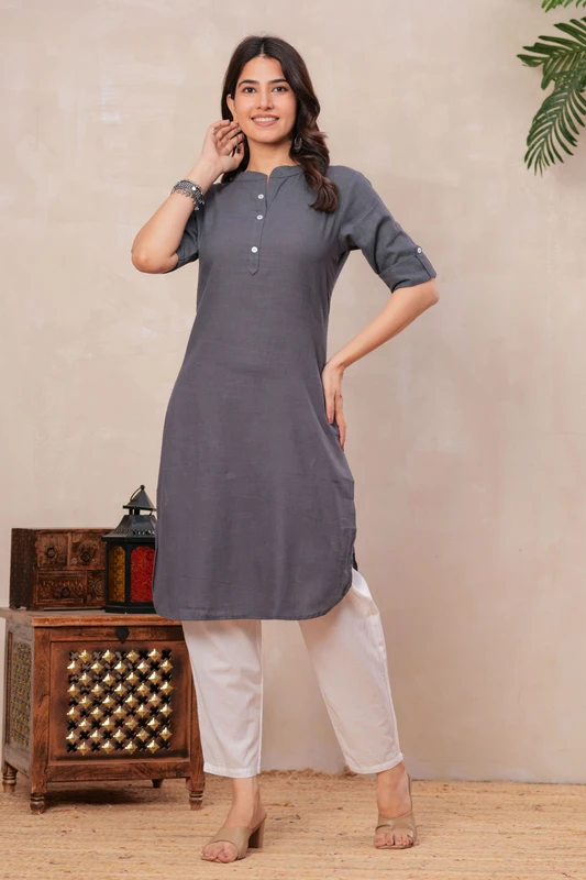 BABAELEGANZA Women Solid Straight Kurta(Grey)
