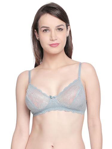 BODYLINE Aish Grey Double Layered Non-Wired Adjustable Straps with Medium Coverage Lace Bra-OL-1002GR-32B