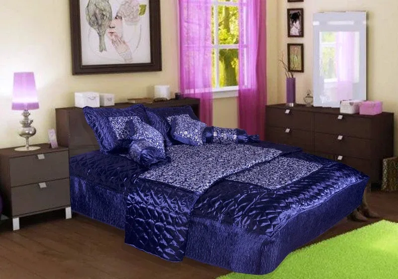 Chelsi Satin Double King Sized Bedding Set(Blue, 1 AC comforter, 2 Filled cushion, 2 Pillow cover, 2 Filled Bolsters, 1 Bedsheet)