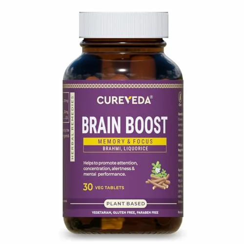 Cureveda Herbal Brain Boost Tablet for Brain & Memory Wellness | Extracted with Brahmi and Liquorice | Improves Learning, Memory Retention | Vegetarian | Gluten & Paraben Free (30 
