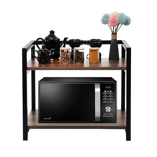 DIVYA 2-Layer Microwave Stand, OTG Stand, Microwave Oven Platform Rack, Kitchen Storage Shelf (Walnut Brown & Black Pipe,Alloy Steel;Engineered Wood, Tiered Shelf) (Black) (Large)