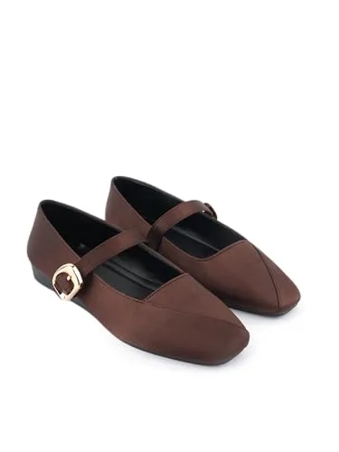 DROP BOLD Brown Square Toe Mary Jane Ballerinas for Women