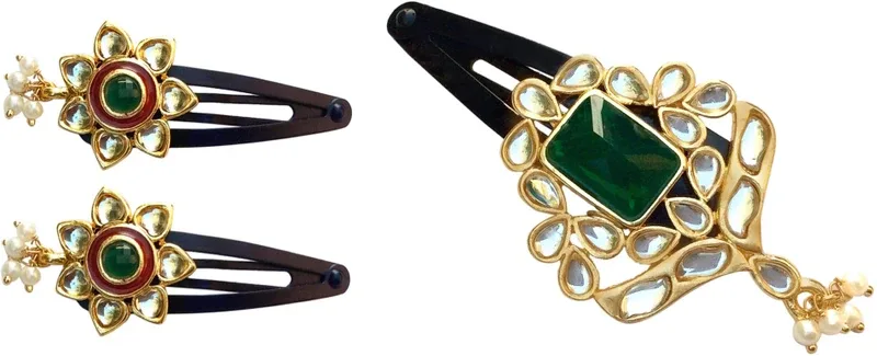 FURE Combo of Kundan Tic Tac Clip(Red, Green, Gold)