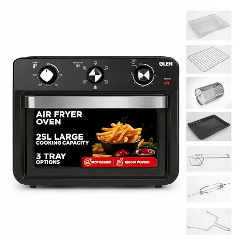 Glen Large Air Fryer Oven 25L 1800W, with Rotisserie, 6 Functions, Time & Temp Control, 3 Trays & 4 Accessories | All in One Airfryer Oven: Grill, Bake, Fry & Roast, 2-Year Warrant