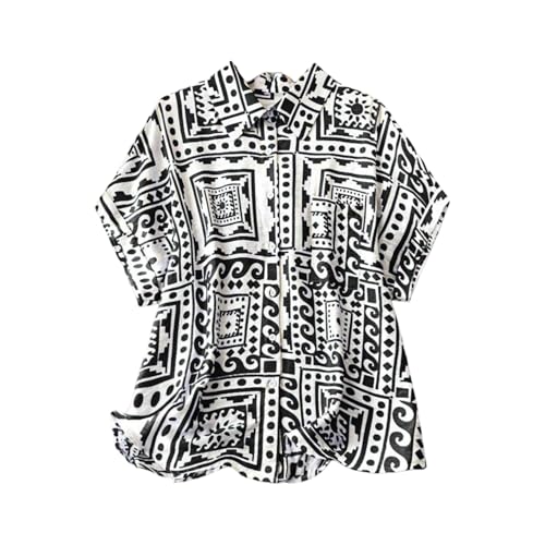 Gufrina Women's Geometric Print Shirt with Front Pocket and Button Down Closure in Relaxed Fit (Black-L)