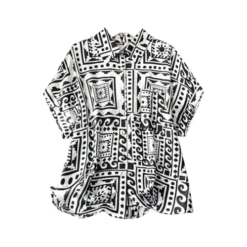 Gufrina Women's Geometric Print Shirt with Front Pocket and Button Down Closure in Relaxed Fit (Black-L)
