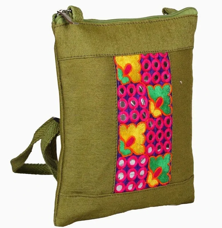 Jute Tree Green Sling Bag JB263-MIRROR EMBROIDERY JOLNA-OLVGRN