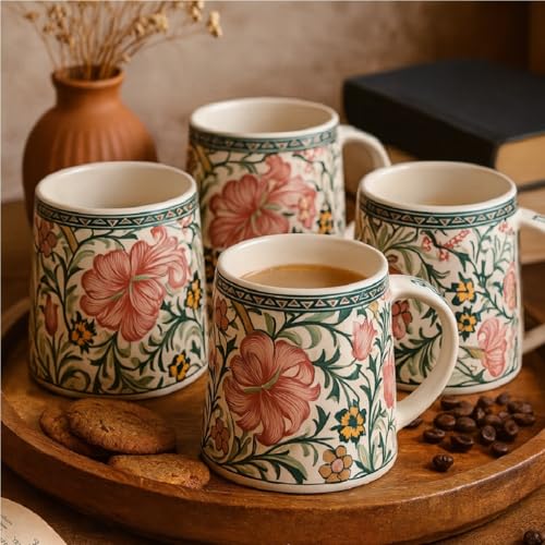 Visit the KITTENS Store KITTENS Ceramic Coffee Mug Set of 4 (300 ml) – Microwave & Dishwasher Safe | Aesthetic Floral Coffee Cups | Modern Designer Mug Set | Gift Set for Home & Of