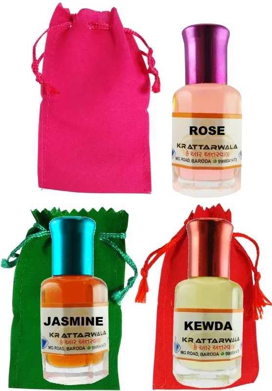 Kr Attarwala Kewda Rose Jasmine Three 6ml Attar Roll-ons - Ittar Perfume Essential Oil Rollon Floral Attar(Motia/Jasmin)