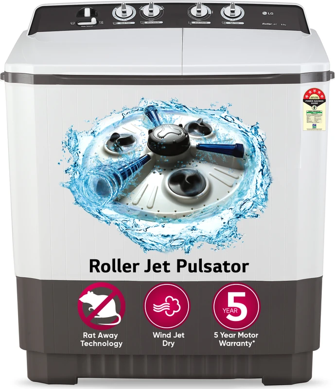 LG 9 kg 5 star with Roller Jet Pulsator with Soak, Wind Jet Dry and Rat Away, 6.5 Kg (Spin Tub Capacity) Semi Automatic Top Load Washing Machine Grey, White(P9040RGAZ)