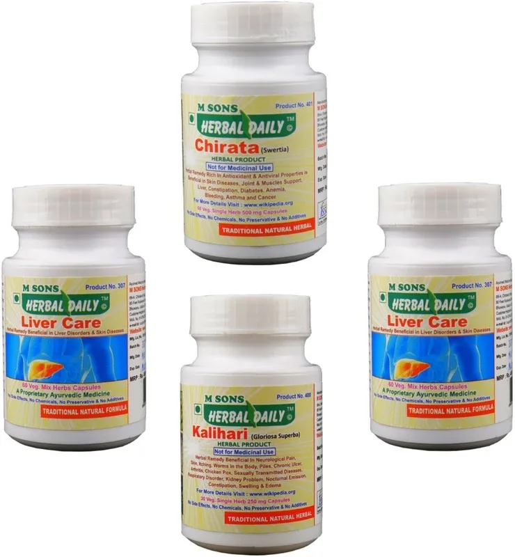 M SONS Herbal daily Liver Cirrhosis & Liver Cancer Pack ( 2 Liver Care+ 1 Chirata+ 1 Kalihari)(4 x 437.5 mg)
