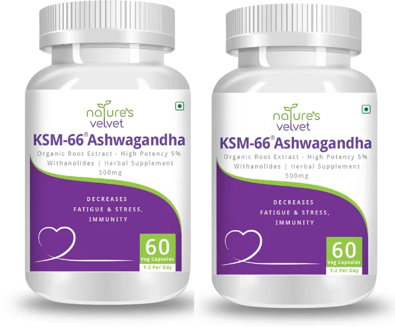Natures Velvet Lifecare KSM-66 Ashwagandha 500mg - Organic Root Extract - 5% Withanolides - pack of 2(2 x 60 No)