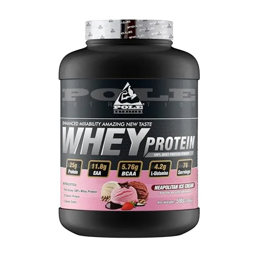 Pole Nutrition 100% Whey Protein Powder 11.8g EAA Muscle Building and Recovery | Neapolitan Ice Cream Flavor | 5 lbs 76 servings, 2268g