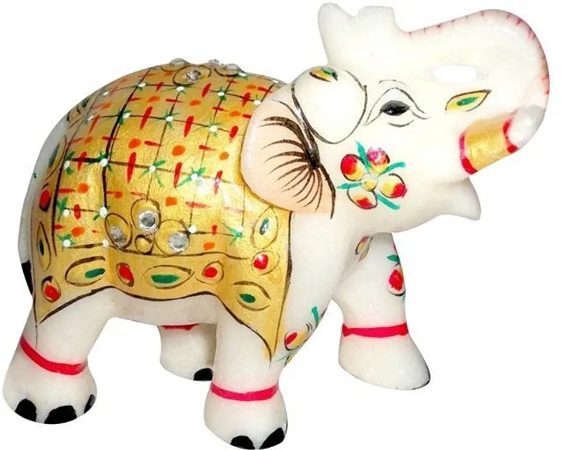 Pooja Creation Marble Elephent With Beautiful Desine And Color Handmde With Colours Decorative Showpiece  -  7 cm(Stoneware, White)