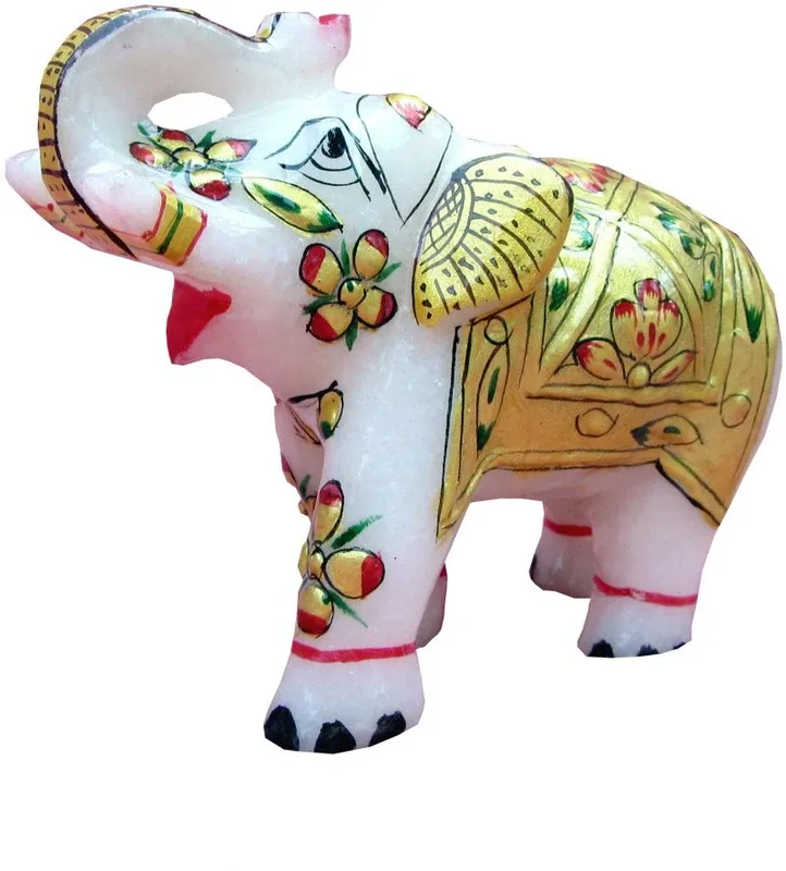 Pooja Creation Marble Stone Elephant Unique Pieces Decorative Showpiece - 7 cm(Stoneware, White)