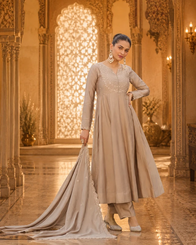PUSHTIFENI Embroidered Anarkali Kurta, Bottom & Dupatta Set