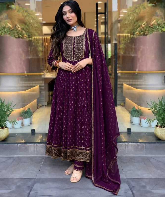 Queens Fab Printed, Embroidered Anarkali Kurta, Bottom & Dupatta Set