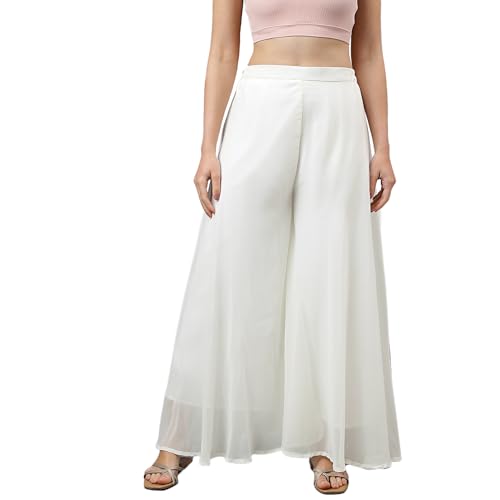 RATAN Women High Rise Georgette Flared Freesize Relaxed Fit Sharara Palazzo Pant With Lining (Off White_Onesize)