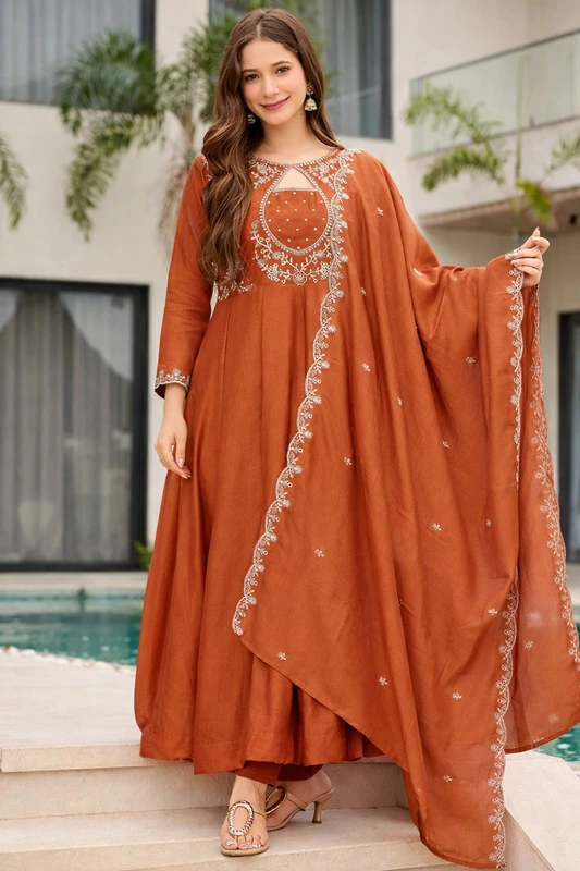 RUTABO Embroidered Anarkali Kurta, Bottom & Dupatta Set