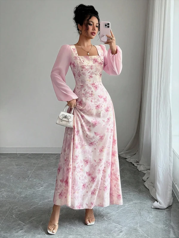 SaneRish Women Fit and Flare Pink Maxi/Full Length Dress