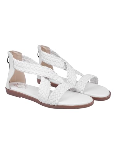 Shoetopia Women's White Braided Gladiator Flat Sandals – Comfortable Casual Summer Stylish Sandals with Back Zip Closure EU40