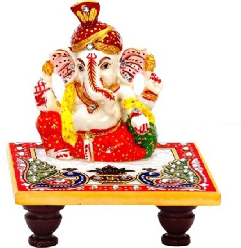 Shopile Beautifully Painted Lord Ganesha Marble All Purpose Chowki(Multicolor, Pack of 2)