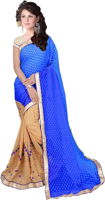 SHREE RAJLAXMI SAREES Embroidered Bollywood Cotton Blend, Chiffon Saree(Blue, Beige)