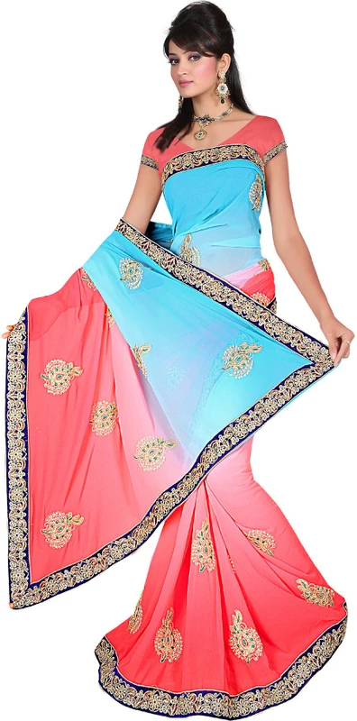 SHREE RAJLAXMI SAREES Embroidered Bollywood Georgette Saree(Blue, Pink)