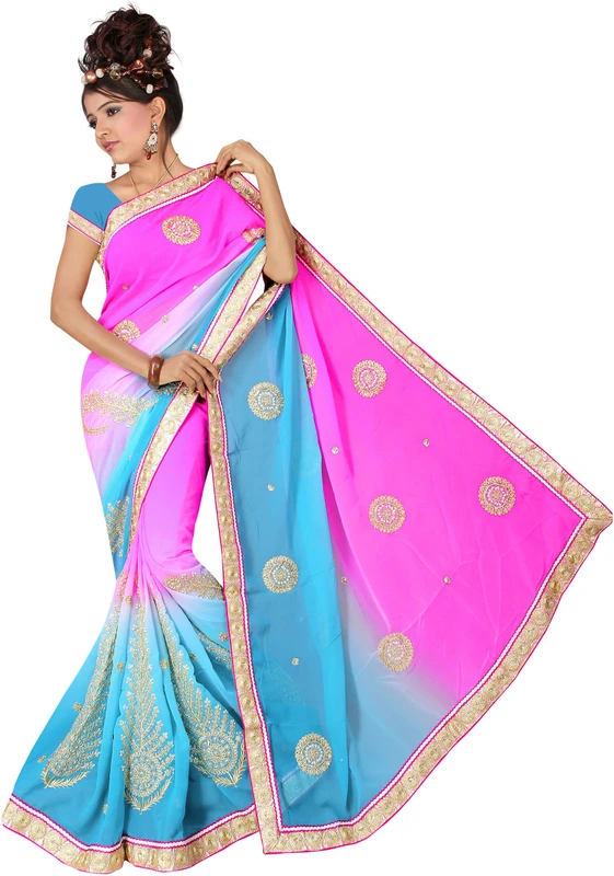 SHREE RAJLAXMI SAREES Embroidered Bollywood Georgette Saree(Blue, Pink)
