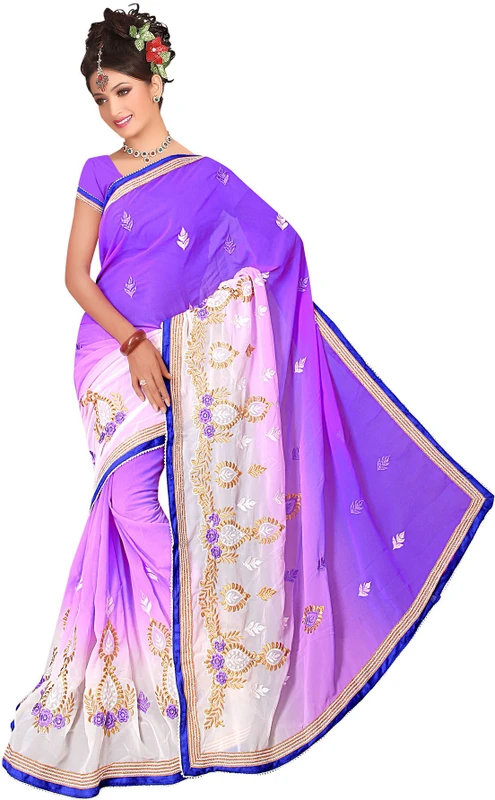 SHREE RAJLAXMI SAREES Embroidered Bollywood Georgette Saree(Purple, White)