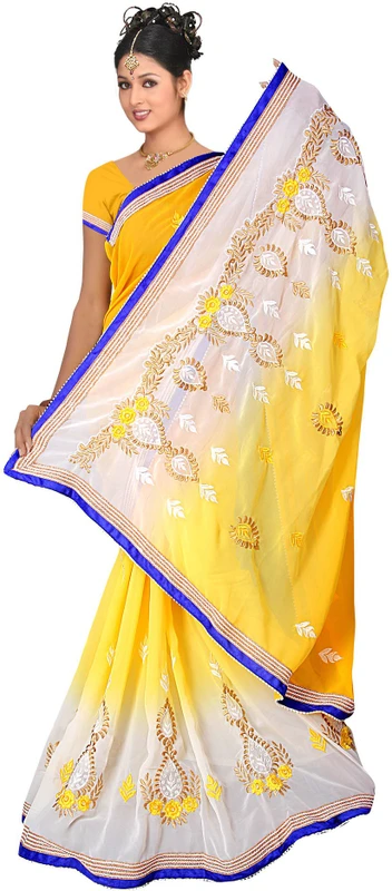SHREE RAJLAXMI SAREES Embroidered Bollywood Georgette Saree(White, Yellow)
