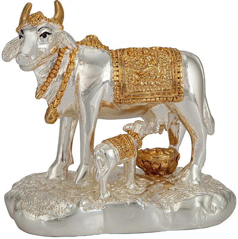 Siri Creations Cow & Calf Idol Foil And Touch Decorative Showpiece  -  10 cm(Silver Plated, Silver)