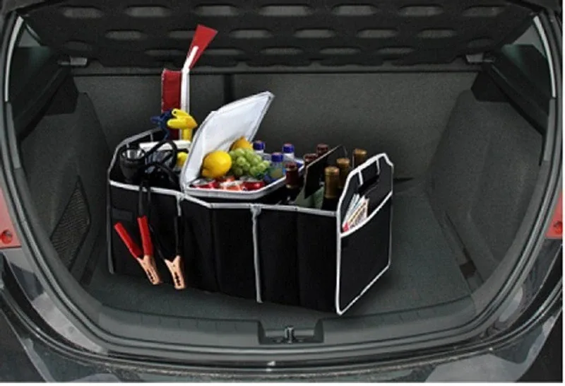 Sky Car Multipurpose Back Seat Trunk & Cooler Insulated Leak Proof Collapsible Interior Vehicle Bag Dining Tray Box Foldable Travelling Beverage Holder Picnic Luggage Carrier(Black