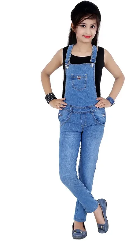 Sunday Casual Dungaree For Girls Casual Solid Cotton Blend(Blue, Pack of 1)