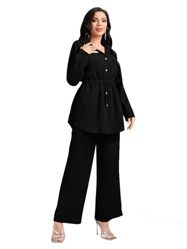 TADKEE Women's Solid Color Casual Long Sleeve Top and Pant Co-ord Set with Pockets | Co ord Set for Women | Kurta Set for Women (FN-Sugar-Full-Pocket-127-Black-L)