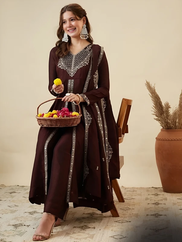 TALAVIYA Embroidered Anarkali Kurta, Bottom & Dupatta Set