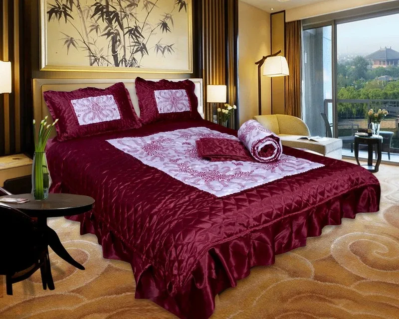 Urban Style Ethnic Raw Silk Queen Sized Bedding Set(Maroon, 2 Pillow Covers, 1 Ac Quilt, 1 Double Bedsheet)