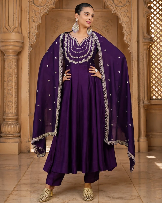 VK LOOKS Embroidered Anarkali Kurta, Bottom & Dupatta Set