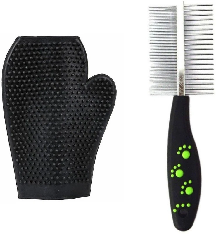 W9 Imported High Quality Double Sided Pet Comb Stainless Steel Pin Dog Grooming Brush With Grooming Gloves (Black) Basic Comb for  Dog