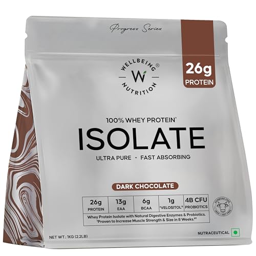 Wellbeing Nutrition Clean Whey Protein Isolate 1kg Dark Chocolate | 26g Protein, Clinically Proven Velositol for 2x Muscle Protein Synthesis, 4B CFU Probiotics, Digestive Enzymes, Bloat Free, Easy to Digest