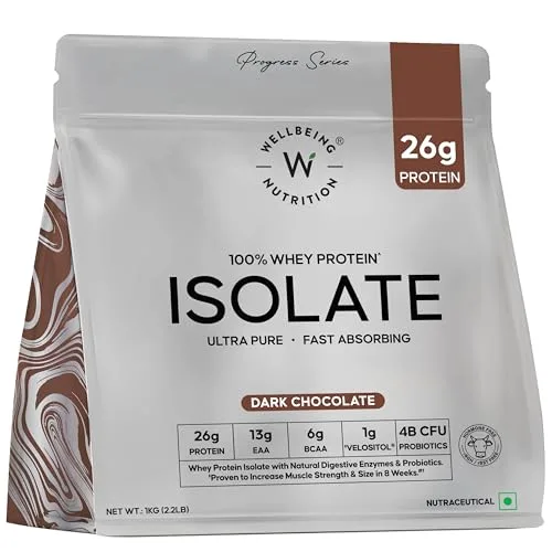 Wellbeing Nutrition Clean Whey Protein Isolate 1kg Dark Chocolate | 26g Protein, Clinically Proven Velositol for 2x Muscle Protein Synthesis, 4B CFU Probiotics, Digestive Enzymes, 