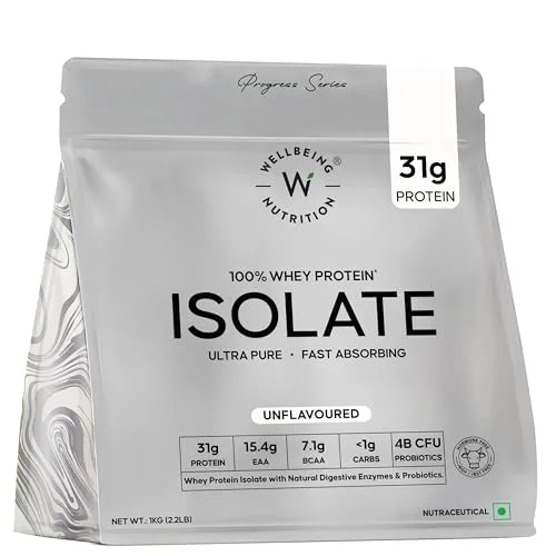 Wellbeing Nutrition Clean Whey Protein Isolate 1kg Unflavoured | 31g Protein, 7.1g BCAA | 4B CFU Probiotics & Natural Digestive Enzymes | Fast Absorbing, No Bloating, Easy to Diges