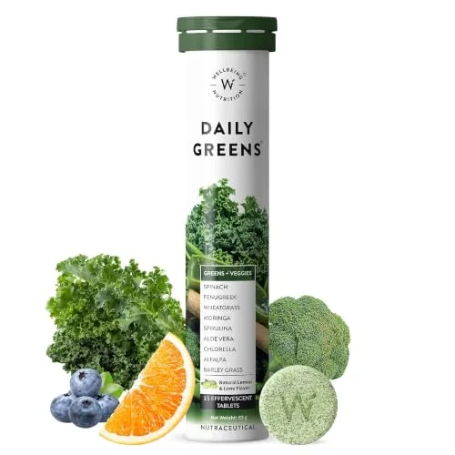 Wellbeing Nutrition Daily Greens (15 Effervescent Tablets) | Wholefood Multivitamins with Vitamin C, Zinc, B6 for Immunity & Detox with Organic Certified Plant Superfoods & Antioxi